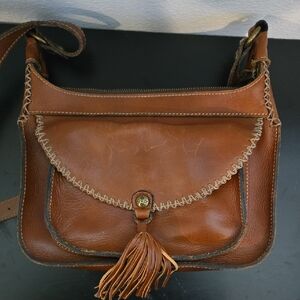 Patricia Nash Brown Crossbody Bag with Whipstitch and Tassel
